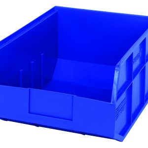 The Quantum Stackable Shelf Bin is a blue, 14W x 11D x 7H rectangular polypropylene storage solution with an open front and reinforced sides for easy organization. Its autoclavable up to 250°F and proudly made in the USA, ideal for workshops or garages.