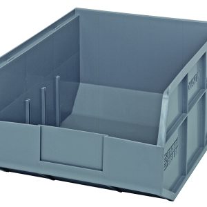 The Quantum Stackable Shelf Bin, 14W x 11D x 7H, is gray with ribbed sides, a flat bottom, molded handles, and a smooth interior. Made from durable polypropylene and autoclavable up to 250°F, its perfect for organizing tools or small items. Made in the USA.