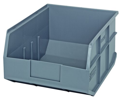 SSB 445 gray-L The Quantum Stackable Shelf Bin, 14W x 11D x 7H, is gray with ribbed sides, a flat bottom, molded handles, and a smooth interior. Made from durable polypropylene and autoclavable up to 250°F, its perfect for organizing tools or small items. Made in the USA.