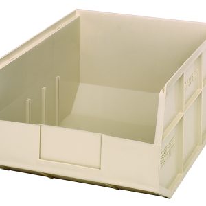 The Quantum Stackable Shelf Bin, 14W x 11D x 7H, is an ivory polypropylene storage solution with an open front and sturdy sides for organizing small items. Made in the USA, its autoclavable up to 250°F and perfect for efficient space maximization.
