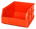 The Quantum Stackable Shelf Bin, measuring 14W x 11D x 7H, is vibrant orange with an open front and angled design to showcase depth. It features grooves and ridges for easy stacking, label space, and is autoclavable up to 250°F, ensuring practicality and durability. Made in the USA.