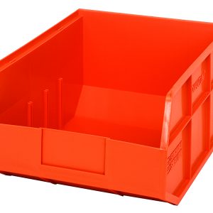 The Quantum Stackable Shelf Bin, measuring 14W x 11D x 7H, is vibrant orange with an open front and angled design to showcase depth. It features grooves and ridges for easy stacking, label space, and is autoclavable up to 250°F, ensuring practicality and durability. Made in the USA.