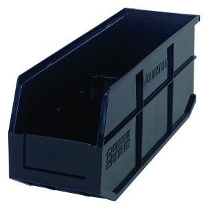 The Quantum Stackable Shelf Bin, in sleek black polypropylene with a rectangular shape and open front, features molded ridges, embossed QUANTUM and STORE-MAX SHELF BIN text on its sides. Autoclavable up to 250°F, it is displayed on a white background. Made in the USA.