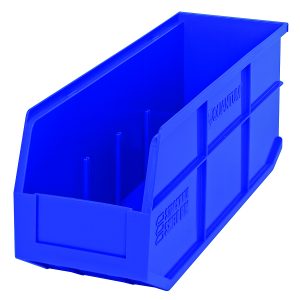 The Quantum Stackable Shelf Bin is an 18W x 6D x 7H large blue plastic bin with an open top, angled front, and reinforced sides. Made in the USA from polypropylene, its autoclavable up to 250°F and has a lowered front panel for easy access. Raised text adorns its sides.
