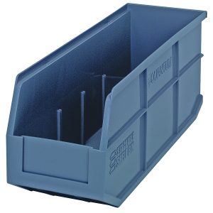 Image of a gray, open-front Quantum polypropylene storage bin with ridged sides, measuring 18W x 6D x 7H, stackable and autoclavable up to 250°F, designed for organizing small parts or tools. Made in the USA.