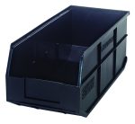The black Quantum Stackable Shelf Bin, measuring 18W x 8-1/4D x 7H, is made of durable polypropylene with an open front design. It features solid sides and back with stacking grooves and is embossed with Quantum and Storage System. Its also autoclave-safe up to 250°F. Made in the USA.