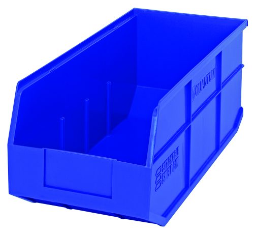 The Quantum Stackable Shelf Bin, 18W x 8-1/4D x 7H in blue polypropylene, is perfect for organizing with its open top/front and ridged sides for support. Made in the USA, its autoclavable up to 250°F and ideal for efficient stackable storage.