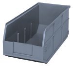 The Quantum Stackable Shelf Bin, 18W x 8-1/4D x 7H, is gray with ribbed sides and an open front, ideal for organizing items. Made in the USA from polypropylene, its autoclavable up to 250°F and withstands high temperatures for versatile use in various environments.