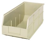 The Quantum Stackable Shelf Bin is an ivory polypropylene container with ribbed sides and a rectangular shape, measuring 18W x 8-1/4D x 7H. It’s ideal for organizing small items and is autoclavable up to 250°F. Made in the USA.