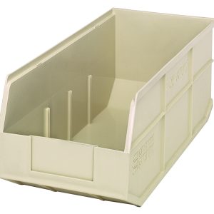 The Quantum Stackable Shelf Bin is an ivory polypropylene container with ribbed sides and a rectangular shape, measuring 18W x 8-1/4D x 7H. It’s ideal for organizing small items and is autoclavable up to 250°F. Made in the USA.