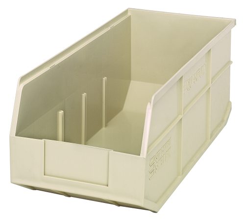 The Quantum Stackable Shelf Bin is an ivory polypropylene container with ribbed sides and a rectangular shape, measuring 18W x 8-1/4D x 7H. It’s ideal for organizing small items and is autoclavable up to 250°F. Made in the USA.