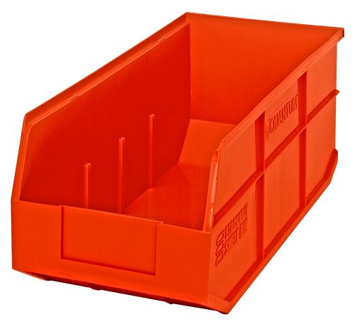 The Quantum Stackable Shelf Bin is an 18W x 8-1/4D x 7H orange polypropylene storage bin with ridged sides and an open front, designed for optimal organization. Made in the USA, its autoclavable up to 250°F and perfect for keeping spaces tidy.