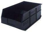 The Quantum Stackable Shelf Bin, measuring 18W x 11D x 7H, is a black, robust polypropylene container ideal for organizing. It features reinforced sides and a label slot for identification. Made in the USA, it is autoclavable up to 250°F and perfect for industrial or personal use.