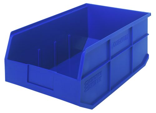 The Quantum Stackable Shelf Bin, 18W X 11D X 7H, is a blue polypropylene bin with an open front and ridged sides for organizing items. Featuring a label area on the front and proudly made in the USA, its autoclavable up to 250°F.