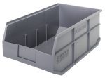 The Quantum Stackable Shelf Bin, made of gray polypropylene, measures 18W x 11D x 7H and features reinforced sides and a front opening. Its great for stacking and organizing and is autoclavable up to 250°F. Quantum and Stackable Shelf Bin are embossed on the sides.