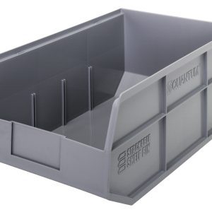 The Quantum Stackable Shelf Bin, made of gray polypropylene, measures 18W x 11D x 7H and features reinforced sides and a front opening. Its great for stacking and organizing and is autoclavable up to 250°F. Quantum and Stackable Shelf Bin are embossed on the sides.