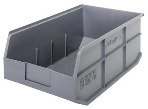 The Quantum Stackable Shelf Bin, made of gray polypropylene, measures 18W x 11D x 7H and features reinforced sides and a front opening. Its great for stacking and organizing and is autoclavable up to 250°F. Quantum and Stackable Shelf Bin are embossed on the sides.