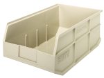 The Quantum Stackable Shelf Bin, 18W x 11D x 7H, is an ivory polypropylene bin with an open front, side handles, and interior dividers. Its reinforced sides are great for organizing small items or tools. Made in the USA and autoclavable up to 250°F, its ideal for home and professional use.