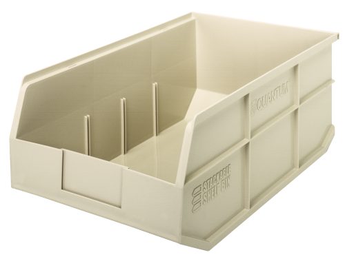 The Quantum Stackable Shelf Bin, 18W x 11D x 7H, is an ivory polypropylene bin with an open front, side handles, and interior dividers. Its reinforced sides are great for organizing small items or tools. Made in the USA and autoclavable up to 250°F, its ideal for home and professional use.