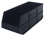 The Quantum Stackable Shelf Bin is a large, black polypropylene bin measuring 20-1/2W x 8-1/4D x 7H, featuring an open front and embossed with Stackable Shelf Bin for efficient organization and storage. Made in the USA, it is autoclavable up to 250°F.