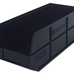 The Quantum Stackable Shelf Bin is a large, black polypropylene bin measuring 20-1/2W x 8-1/4D x 7H, featuring an open front and embossed with Stackable Shelf Bin for efficient organization and storage. Made in the USA, it is autoclavable up to 250°F.