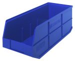 The Quantum Stackable Shelf Bin, made in the USA from durable blue polypropylene, features an open front and reinforced sides embossed with the brand logo. It includes a flat bottom, vertical dividers for organizing small items, and is autoclavable up to 250°F.