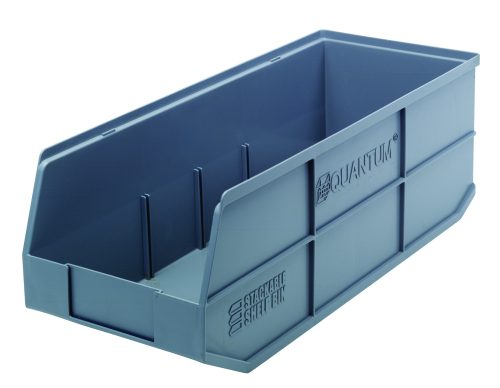 The Quantum Stackable Shelf Bin is a large gray polypropylene storage container, 20-1/2W x 8-1/4D x 7H, featuring a partially open front with built-in dividers. It can be stacked and is autoclavable up to 250°F, made in USA.