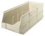 Quantum Stackable Shelf Bin, measuring 20-1/2 x 8-1/4 x 7, is ivory polypropylene with an open front and internal dividers. It features side text and a logo, is sturdy for organizing or stacking, and is autoclavable to 250°F. Made in the USA.