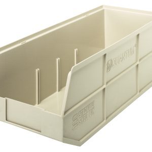 Quantum Stackable Shelf Bin, measuring 20-1/2 x 8-1/4 x 7, is ivory polypropylene with an open front and internal dividers. It features side text and a logo, is sturdy for organizing or stacking, and is autoclavable to 250°F. Made in the USA.