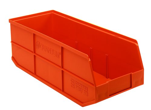 The Quantum Stackable Shelf Bin, measuring 20-1/2W x 8-1/4D x 7H, is made of orange polypropylene and is autoclavable up to 250°F. Made in the USA, it features an open front and reinforced sides for organizing small items.