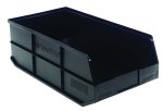 A black Quantum stackable shelf bin, measuring 20.5W x 11D x 7H, features a wide open front.