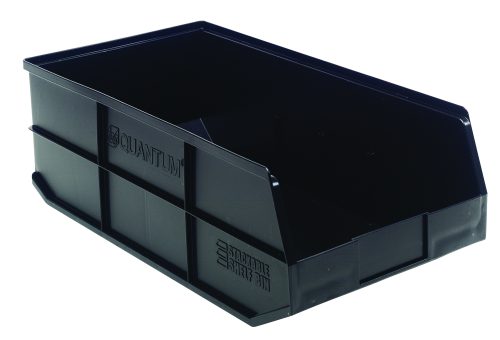A black Quantum stackable shelf bin, measuring 20.5W x 11D x 7H, features a wide open front.