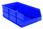 A blue Quantum Stackable Shelf Bin, made of polypropylene and measuring 20-1/2W x 11D x 7H, features reinforced sides, an open front, and a stackable design. The bin is shown on a pristine white background.