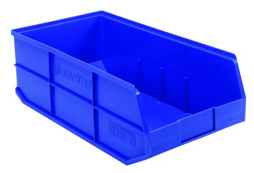 A blue Quantum Stackable Shelf Bin, made of polypropylene and measuring 20-1/2W x 11D x 7H, features reinforced sides, an open front, and a stackable design. The bin is shown on a pristine white background.
