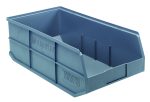 The gray Quantum Stackable Shelf Bin measures 20-1/2W x 11D x 7H, is made from polypropylene with reinforced sides, features a partially open front for easy access, and is autoclavable up to 250°F.