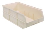 An ivory polypropylene Quantum Stackable Shelf Bin, 20-1/2W x 11D x 7H, with open front and dividers. Features reinforced sides, textured exterior, Quantum and Heavy Duty embossed. Made in USA and autoclavable up to 250°F.