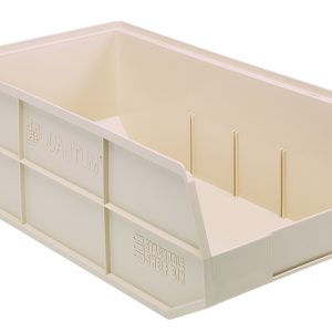 An ivory polypropylene Quantum Stackable Shelf Bin, 20-1/2W x 11D x 7H, with open front and dividers. Features reinforced sides, textured exterior, Quantum and Heavy Duty embossed. Made in USA and autoclavable up to 250°F.