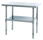 The Quantum Work Table features a 36W x 24D x 34H rectangular, stainless steel top with hemmed edges and an adjustable undershelf. It includes robust legs with adjustable feet, suitable for both industrial and kitchen environments. Shipped Kd for convenience.