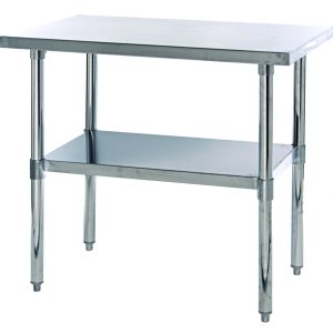 The Quantum Work Table features a 36W x 24D x 34H rectangular, stainless steel top with hemmed edges and an adjustable undershelf. It includes robust legs with adjustable feet, suitable for both industrial and kitchen environments. Shipped Kd for convenience.