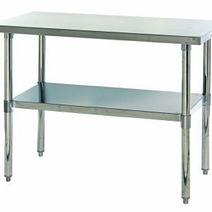 The Quantum Work Table (48W x 24D x 34H) boasts a sleek 304 stainless steel surface, hemmed edges, an adjustable undershelf for storage, and sturdy legs with adjustable feet, making it ideal for both commercial and home kitchens.