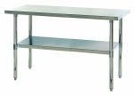 The Quantum Work Table, measuring 60W x 24D x 34H, features hemmed edges and an adjustable undershelf. Made from 304 stainless steel, it has adjustable feet for stability on uneven surfaces and is ideal for industrial or commercial kitchens. Shipped KD with a rectangular top and four sturdy legs.