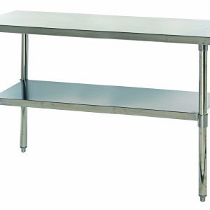 The Quantum Work Table, measuring 60W x 24D x 34H, features hemmed edges and an adjustable undershelf. Made from 304 stainless steel, it has adjustable feet for stability on uneven surfaces and is ideal for industrial or commercial kitchens. Shipped KD with a rectangular top and four sturdy legs.