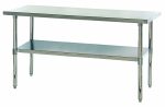 The Quantum Work Table, measuring 72W x 24D x 34H, is made of 304 stainless steel and features hemmed edges, adjustable undershelf and feet, providing a sleek industrial design ideal for kitchens or workshops. Shipped KD for convenience.