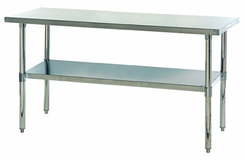 The Quantum Work Table, measuring 72W x 24D x 34H, is made of 304 stainless steel and features hemmed edges, adjustable undershelf and feet, providing a sleek industrial design ideal for kitchens or workshops. Shipped KD for convenience.