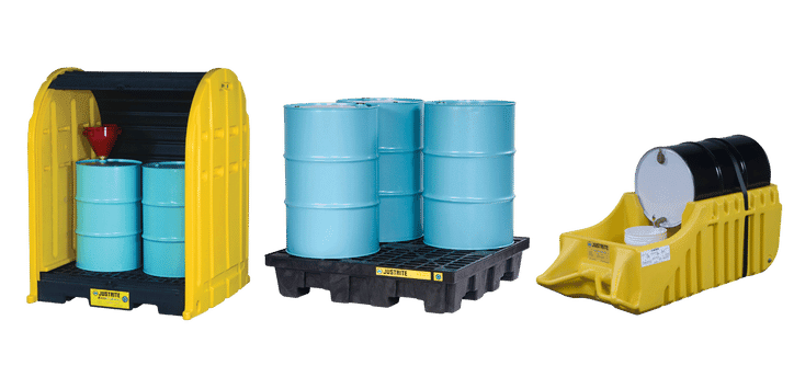 Three containment platforms: Left shows a yellow platform with a red funnel and blue drum. Center has four blue drums on a black platform for spill control. Right features a black and white drum on a yellow ramped platform, offering effective secondary containment.