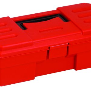 The Quantum Tool Box, 5-1/2L x 12W x 4-1/8H, is a red rectangular box with a black handle and features raised lines for grip. Made from heavy-duty polypropylene, its designed for sturdy tool storage and easy transport. Proudly made in the US.