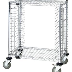 The Quantum Tray Cart is a half-size, chrome-plated, mobile unit measuring 30W x 18D x 39H. It features side loading and holds 19 trays, with four large casters ideal for transporting or storing items in kitchens or warehouses.