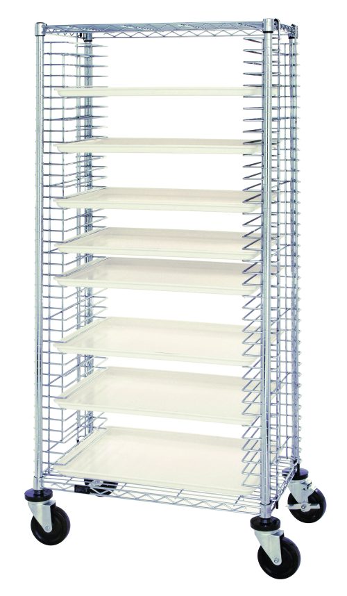 TC-39_1826TR.jpg The Quantum Tray Cart is a full-size, side-loading cart measuring 30W x 21D x 69H. It features multiple wire shelves to hold up to 31 trays and includes four swiveling casters for easy transport. Crafted with an open structure from chrome-plated metal bars, it offers efficient storage or mobility.