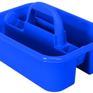The Quantum Tool Caddy, blue and made in the USA from high-density polypropylene, features a central handle and dual compartments with inside pockets measuring 16-3/4L x 4-1/2W x 5-1/2H for organized storage of cleaning essentials; its also stackable.