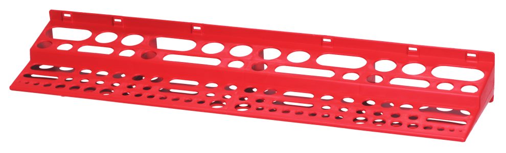 Red polymer tool rack that holds up to 96 tools